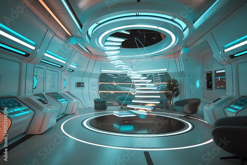 Fototapeta Naklejka Na Ścianę i Meble -  A futuristic spaceship lounge features a teallit circular staircase, modern seating, sleek consoles, and large windows offering a space view.