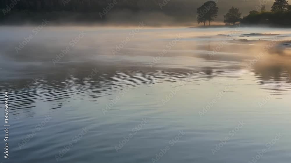 Fog over the lake, pastel style, multicolor, landscape at sunrise Fog over the lake, pastel style, multicolor, landscape at sunrise