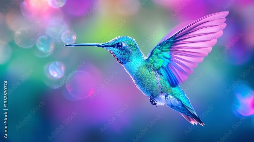 Fototapeta premium Hummingbird in flight nature close-up photography vibrant colors dynamic viewpoint