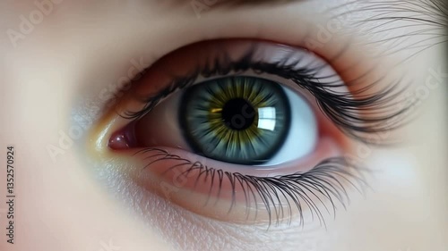 Human eye, close-up, realistic, green and blue, representing vision and beauty
