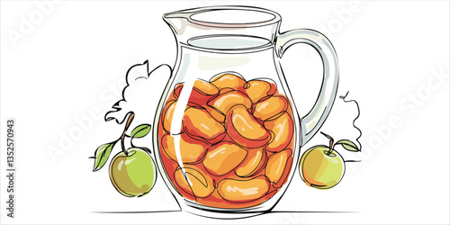 fruit apples in syrup An illustration depicting apples preserved in syrup, served as stewed fruit in a jug or pitcher, often enjoyed as compote. The artwork is created using a continuous single line.