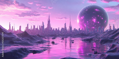 A futuristic metropolis skyline reflected on a shimmering lake below a purple sky