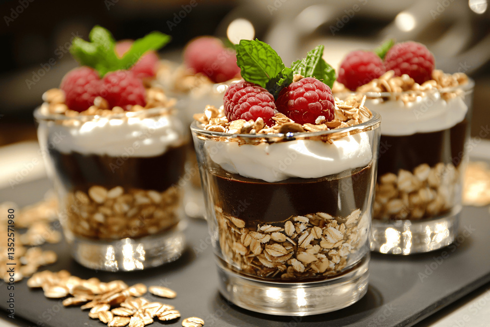Chocolate and Chestnut Mousse in Cups with Roasted Almonds, Oats, Raspberry, and Mint Chocolate and Chestnut Mousse in Cups with Roasted Almonds, Oats, Raspberry, and Mint