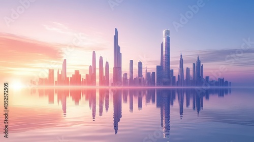 A Beautiful Coastal City Reflected in Calm Water During Sunset