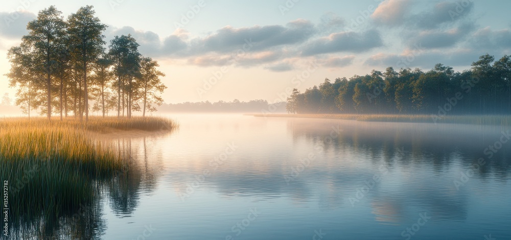 Fototapeta premium Misty Sunrise over Serene Lake and Trees