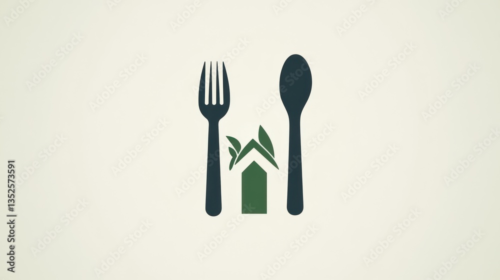 Eco-friendly restaurant logo with fork, spoon, and house Eco-friendly restaurant logo with fork, spoon, and house
