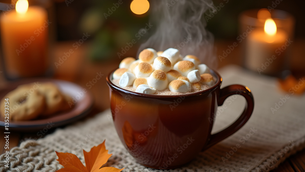 Hot chocolate with marshmallows, set in a cozy autumn scene with candlelight and earthy tones. Hot chocolate with marshmallows, set in a cozy autumn scene with candlelight and earthy tones.