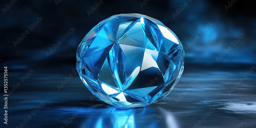 A faceted blue crystal sphere sitting on a reflective surface A faceted blue crystal sphere sitting on a reflective surface