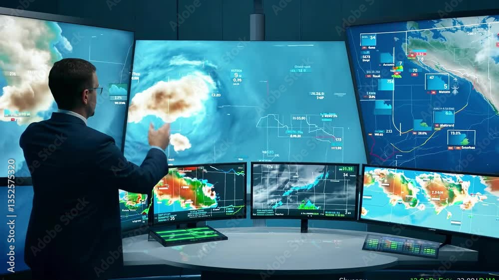 Meteorologist analyzing severe weather data on multiple screens in high-tech control room. concept of weather forecasting, climate analysis, advanced technology, storm tracking.