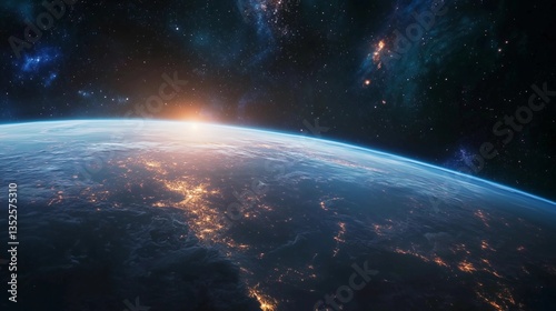 A planet with a bright sun in the sky. The sun is shining on the planet and the sky is filled with stars