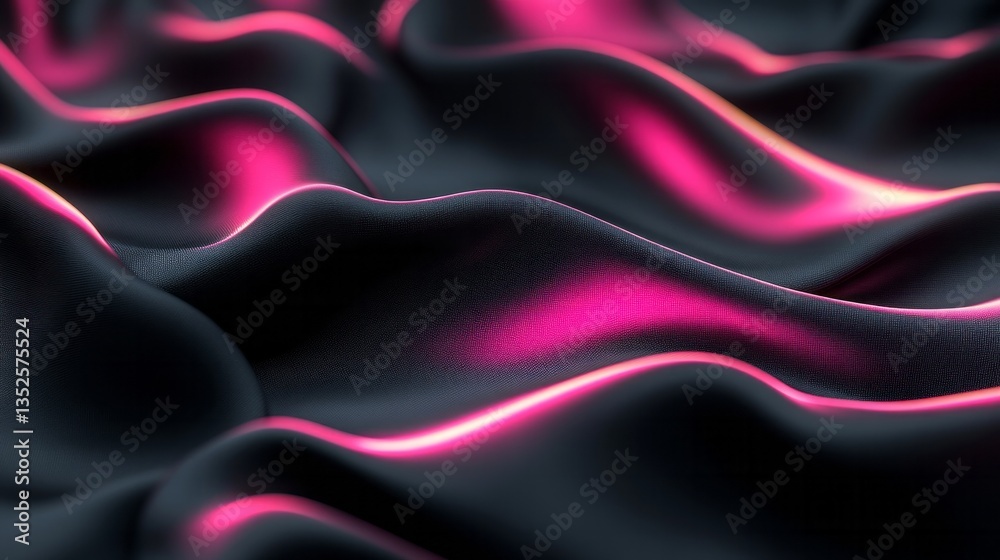 Smooth black fabric undulating with bright pink glowing highlights Smooth black fabric undulating with bright pink glowing highlights