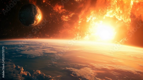A planet with a large sun in the background. The sun is setting and the planet is in the foreground