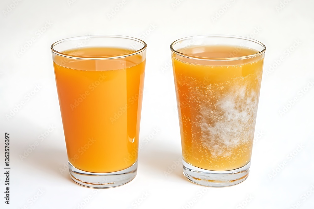 A glass of fresh orange juice on the left, a glass of spoiled, cloudy orange juice on the right, rich color contrast, white background. A glass of fresh orange juice on the left, a glass of spoiled, cloudy orange juice on the right, rich color contrast, white background.