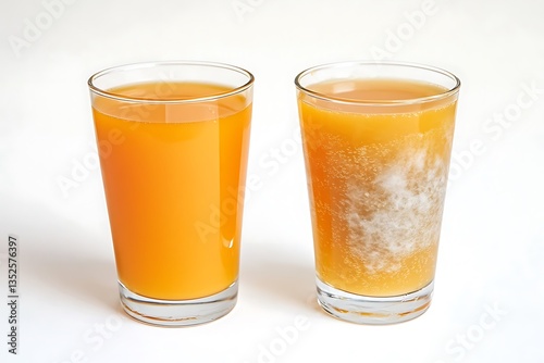 A glass of fresh orange juice on the left, a glass of spoiled, cloudy orange juice on the right, rich color contrast, white background.