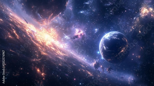 A space scene with a planet and a star. The planet is in the middle of the scene and the star is on the left side. The scene is very colorful and has a lot of stars
