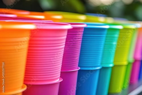 A vibrant row of colorful plastic cups stacked neatly, showcasing a spectrum of hues. photo