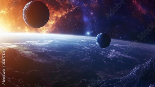 A space scene with two planets and a sun. The planets are in different positions and the sun is in the background