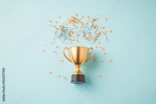 Gold Trophy for Celebration Confetti, Blue Background.