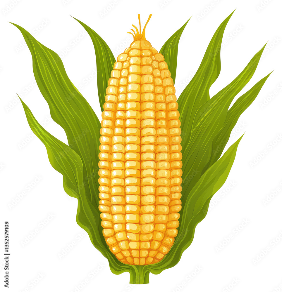 Obraz premium A golden ear of corn surrounded by bright green leaves