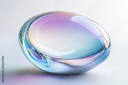 Abstract futuristic shape with iridescent glass texture floating on a white background, resembling a clear contact lens. Concept of vision, technology, and modern innovation.

