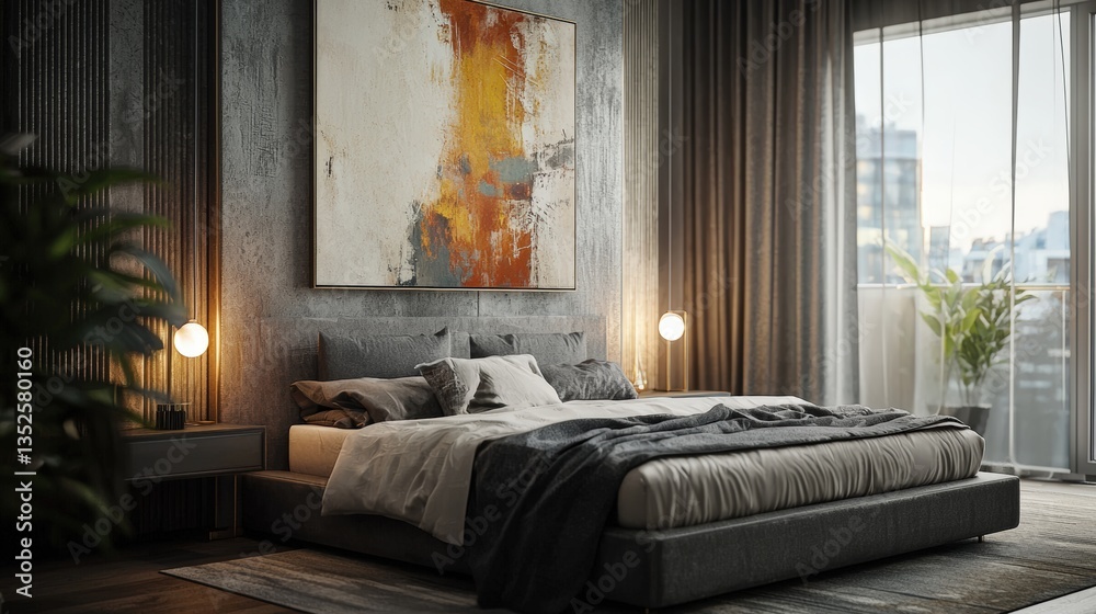 Fototapeta premium a modern bedroom with a large bed, a painting on the wall and a window with curtains.