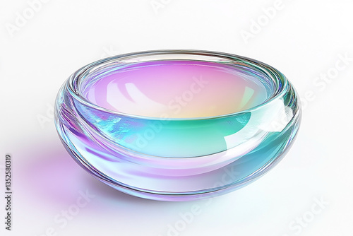 Abstract futuristic shape with iridescent glass texture floating on a white background, resembling a clear contact lens. Concept of vision, technology, and modern design.

