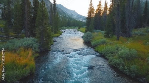 The clear river flows quietly with a soothing gurgling sound.