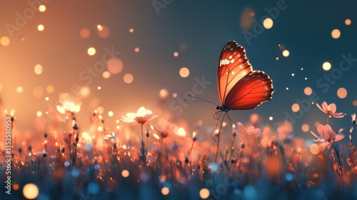A butterfly perches on a flower, flapping its wings gently.