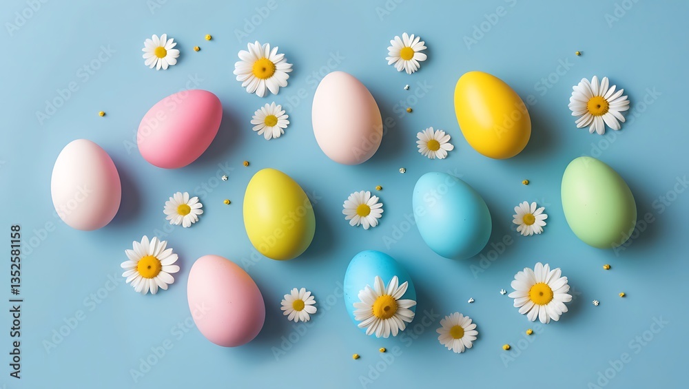 A vibrant blue background featuring colorful Easter eggs surrounded by white daisies A vibrant blue background featuring colorful Easter eggs surrounded by white daisies