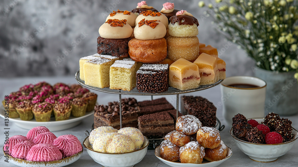 Assorted gourmet pastries and cakes on tiered stand Assorted gourmet pastries and cakes on tiered stand
