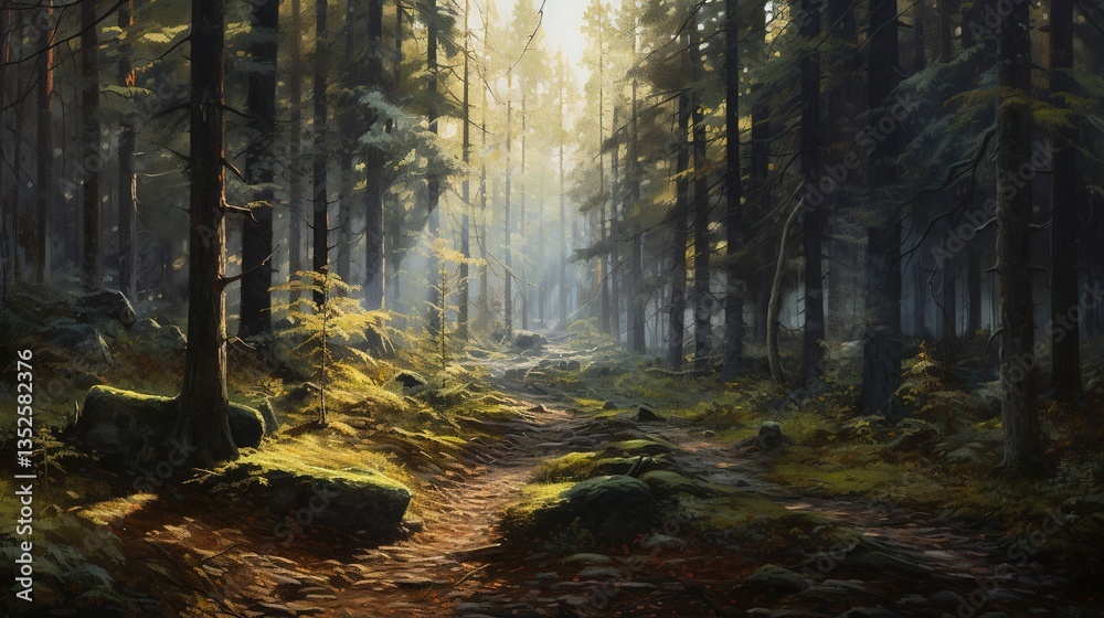 Fototapeta premium A photo of an atmospheric forest landscape oil paint