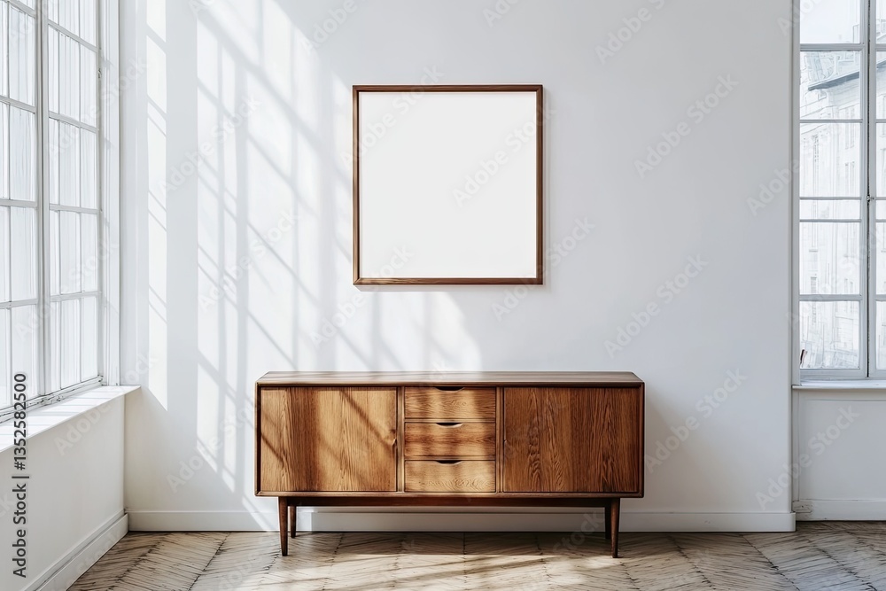 Empty Frame, Modern Room, Wooden Cabinet, Sunlight, Mockup, Interior Design Empty Frame, Modern Room, Wooden Cabinet, Sunlight, Mockup, Interior Design
