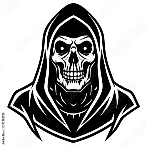 the skull figure of death, featuring a personification with a skeletal face, wearing a hood. This illustration has dark outlines with sharp edges, giving it a haunting appearance.