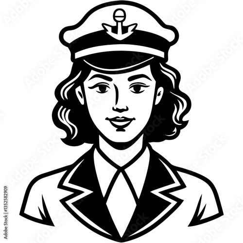 a stylized vector illustration of a woman wearing a captain's hat with an anchor, exuding confidence and authority, line art drawing