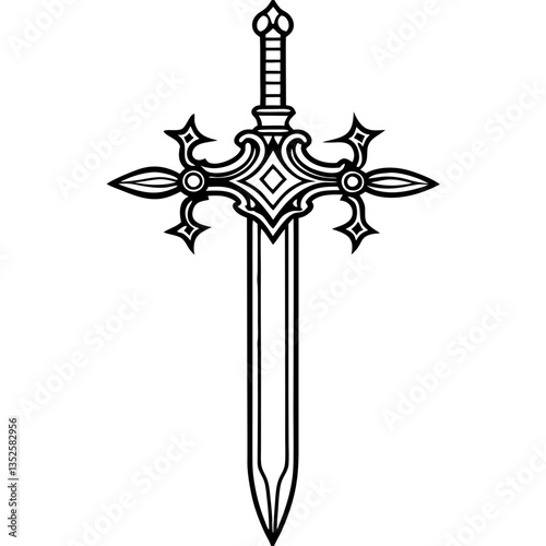 an intricate and detailed illustration of a sword in a simple, yet elegant black and white design. The sword features a decorative cross guard, intricate hilt and a sharp blade