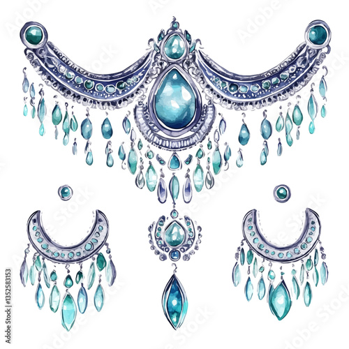A watercolor vector painting of an artistic silver and turquoise jewelry set, isolated on a white background. Artistic silver and turquoise jewelry set vector.

