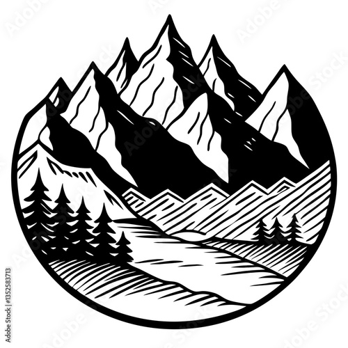 an artistic circular vector logo illustration drawing of mountains trees and river