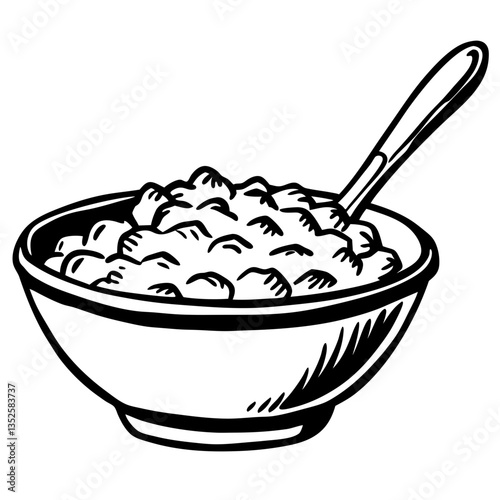 a black and white line art of a bowl of oatmeal with a spoon vector illustration
