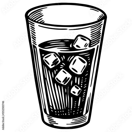 A refreshing drink in a glass with ice cubes, a black and white sketch vector illustration
