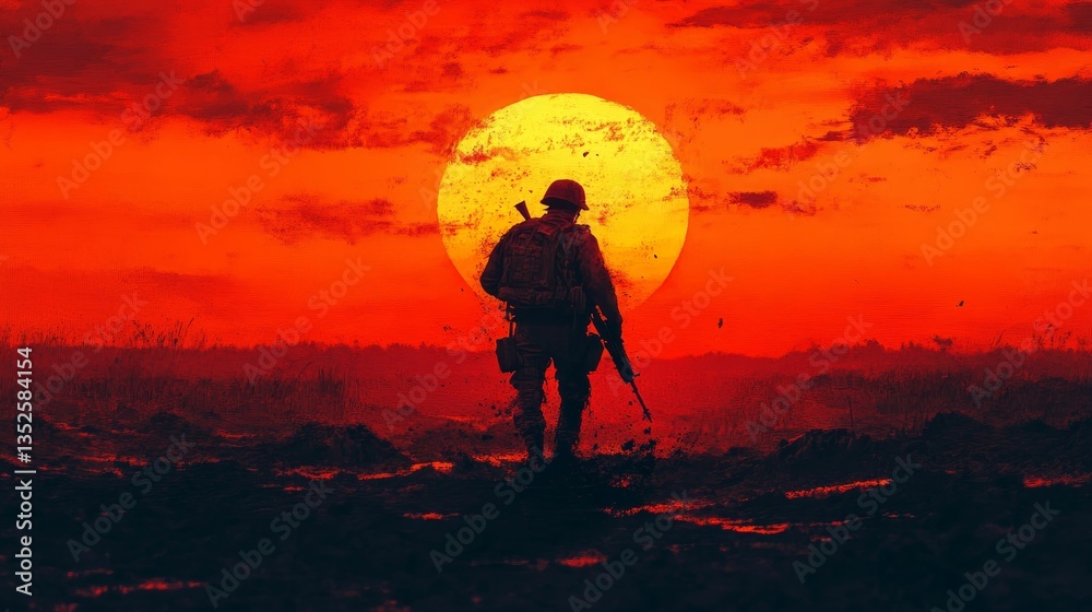 Obraz premium Soldier silhouetted against a fiery sunset.