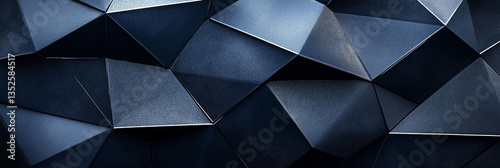 Black, dark navy blue, and silver abstract pattern background with geometric shapes, lines, triangles, and angular folds. Concept of modern, sleek, and futuristic design.

