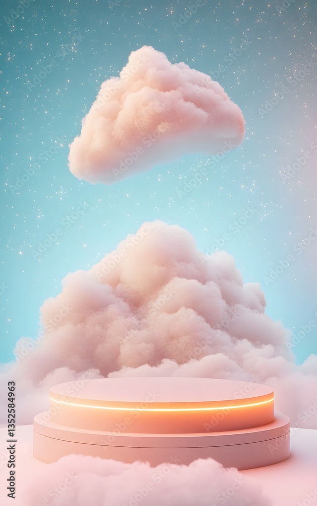 Fototapeta premium A floating podium made of soft clouds, glowing softly in a dreamy, celestial sky