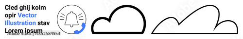 Notification bell icon with curved arrow, alongside two cloud outlines. Ideal for communication, alerts, updates, weather, reminders, digital tools, simple landing page