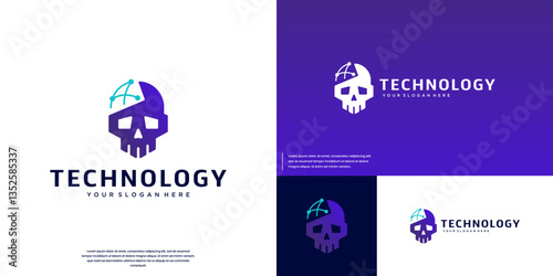 skull abstract logo with electrical circuit, network connection, digital symbol of technology, vector graphic design.