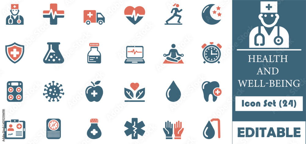Fototapeta premium Health and Well-Being Icon Set (24), A clean, minimalist collection of icons representing healthcare, fitness, wellness, nutrition, and more. Ideal for health-focused projects.