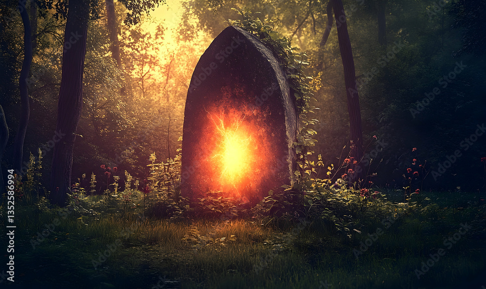 Obraz premium Enchanted stone monolith glowing in a serene forest at sunset, surrounded by vibrant flora