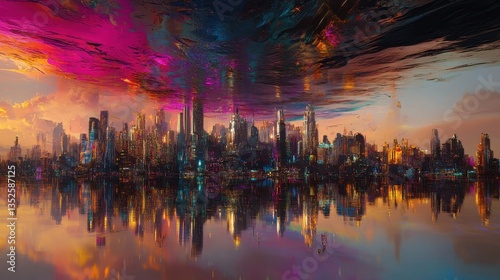 A futuristic city skyline reflected beautifully across the calm water