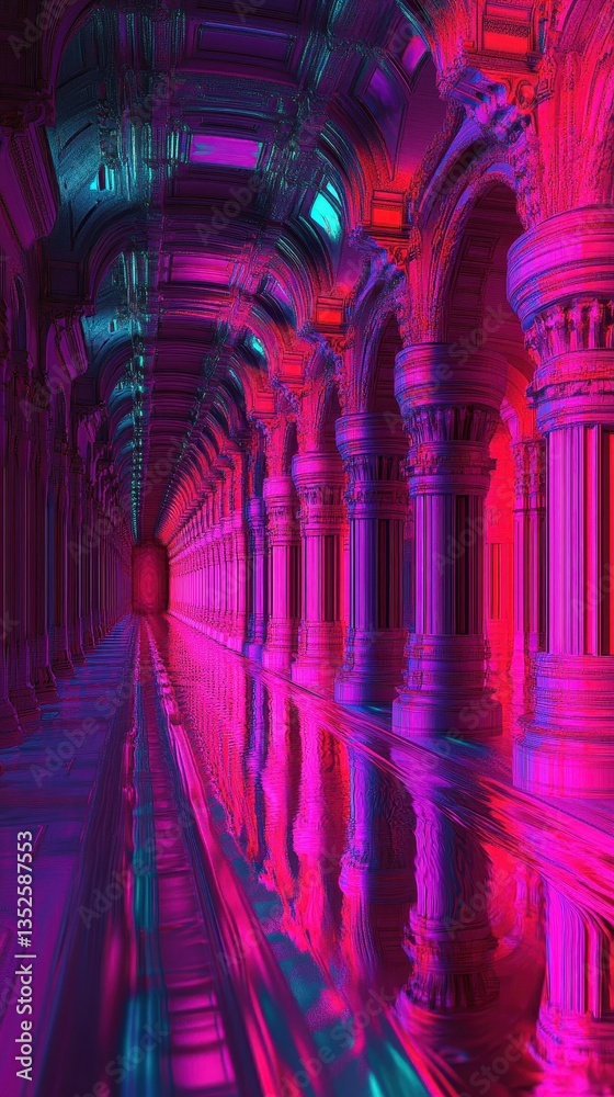 Fototapeta premium A long hallway features columns and reflects bright vibrant colors