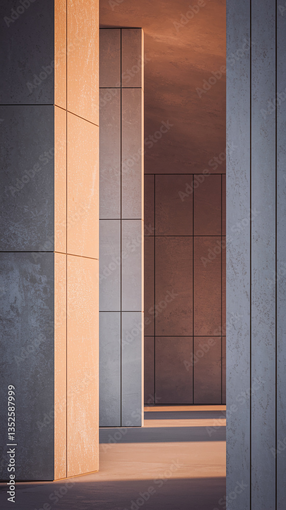 Fototapeta premium Abstract image of grey and peach textured walls forming an architectural interior space, showcasing modern design and minimalist aesthetics, ideal for architecture or design concepts