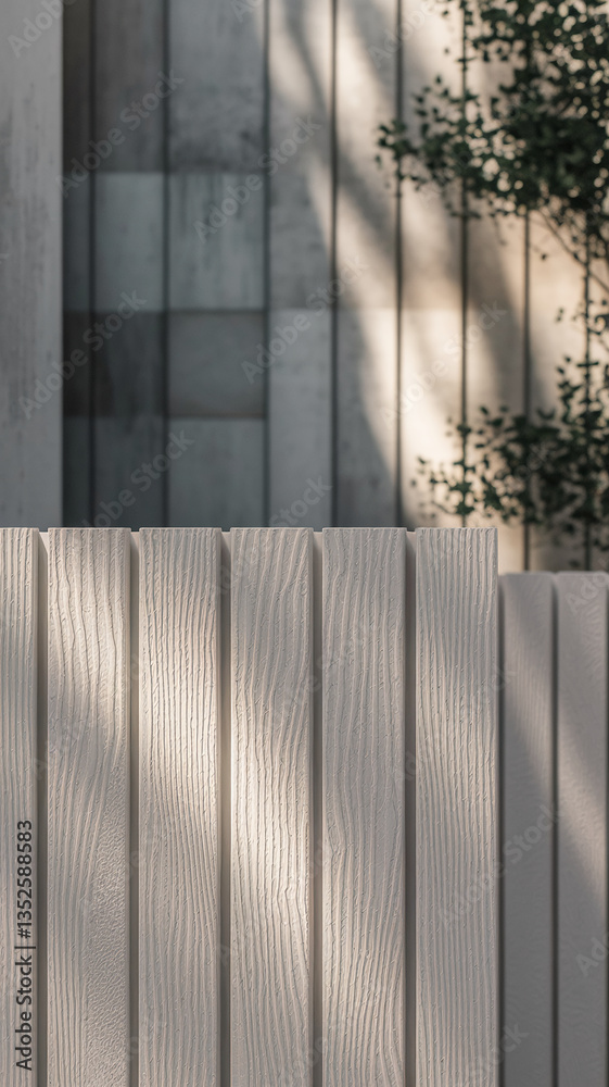 Fototapeta premium Close-up of light beige wood-textured fence, showing vertical lines and subtle shadows, creating a calm and serene mood, ideal for minimalist design projects